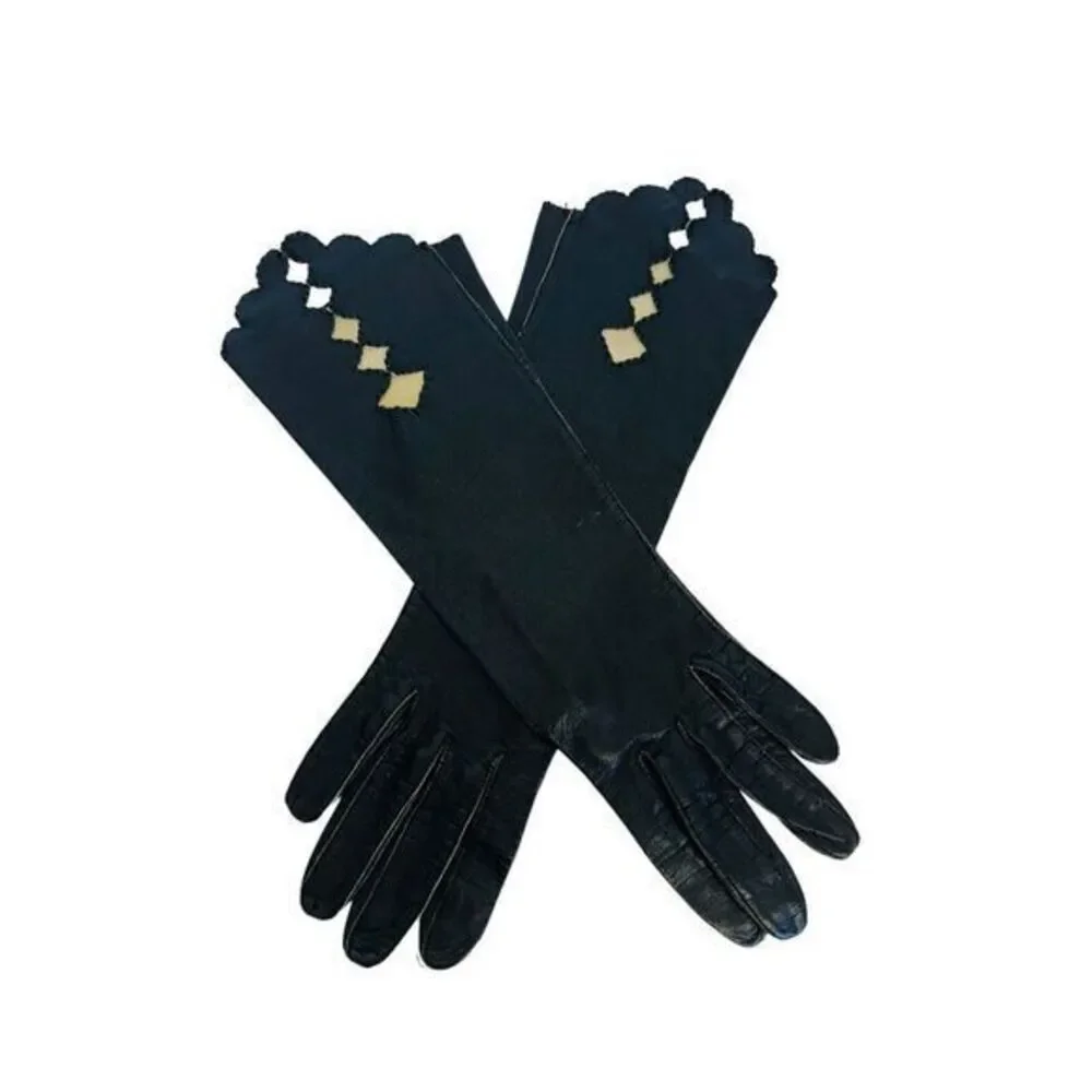 Vintage Ladies Soft Black Leather Gloves Size 6 In Good Condition Detail Design